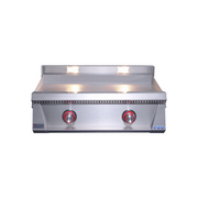 Stainless steel griddle with two control knobs on a white background