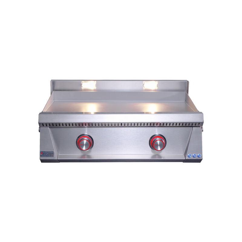 Stainless steel griddle with two control knobs on a white background