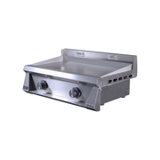 Stainless steel griddle on a white background
