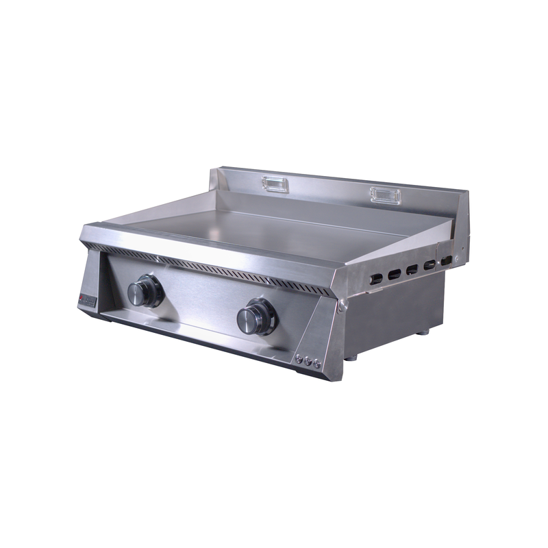 Stainless steel griddle on a white background