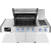 Stainless steel gas grill with multiple burners and a rotisserie on a white background