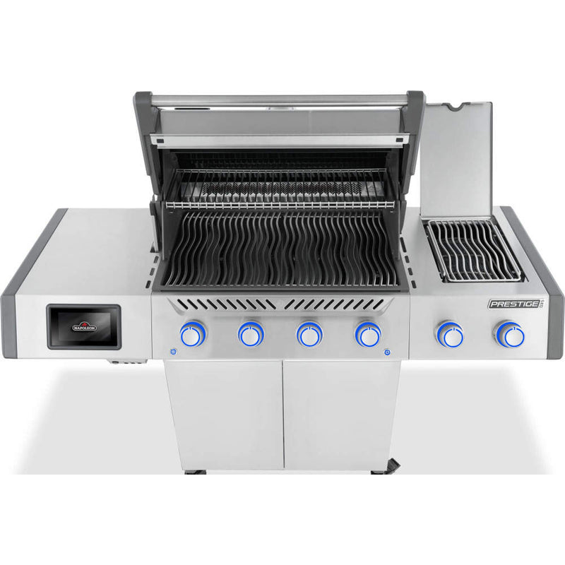 Stainless steel gas grill with multiple burners and a rotisserie on a white background