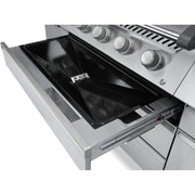 Stainless steel grill with open lid on a white background