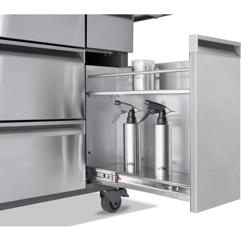 Stainless steel kitchen cabinet with open door revealing storage compartments.