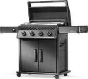 Black gas grill with storage cabinet on a white background