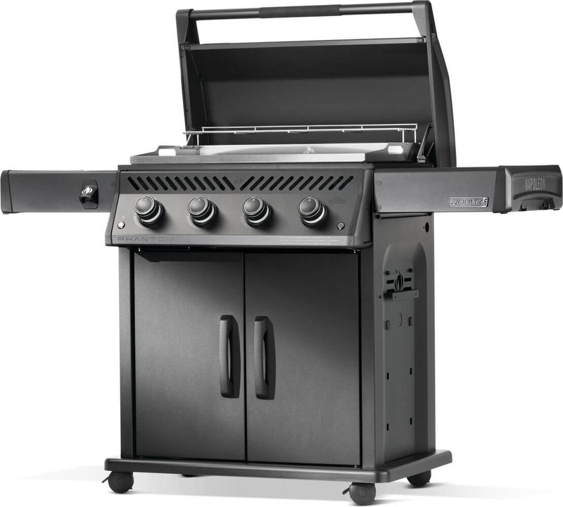 Black gas grill with storage cabinet on a white background