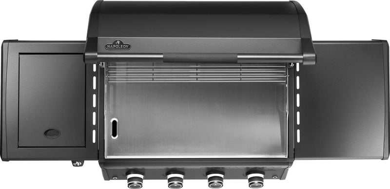 Black outdoor grill with open lid on a white background