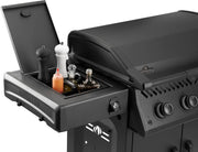 Black grill with open lid showing seasonings and a bottle on a white background