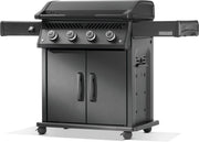 Black gas grill with side cabinet on a white background