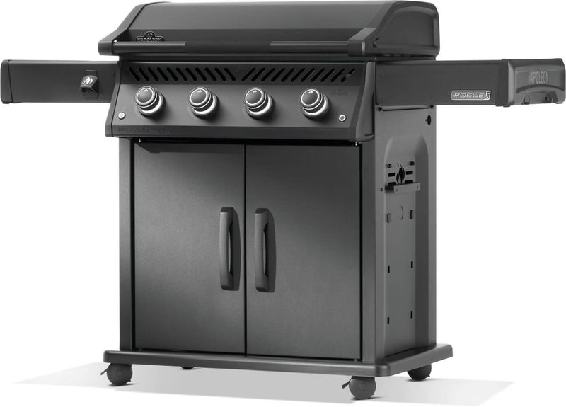 Black gas grill with side cabinet on a white background
