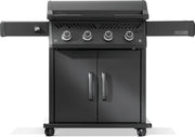 Black barbecue grill with two doors on a white background