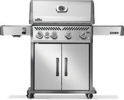 Stainless steel barbecue grill with multiple burners on a white background