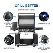 Grill with innovative features highlighted on a white background