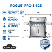 Napoleon Rogue Pro-S 625 grill with specifications on a white background