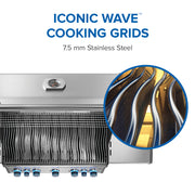 Stainless steel cooking grids with 'Iconic Wave' design and close-up detail on a white background.