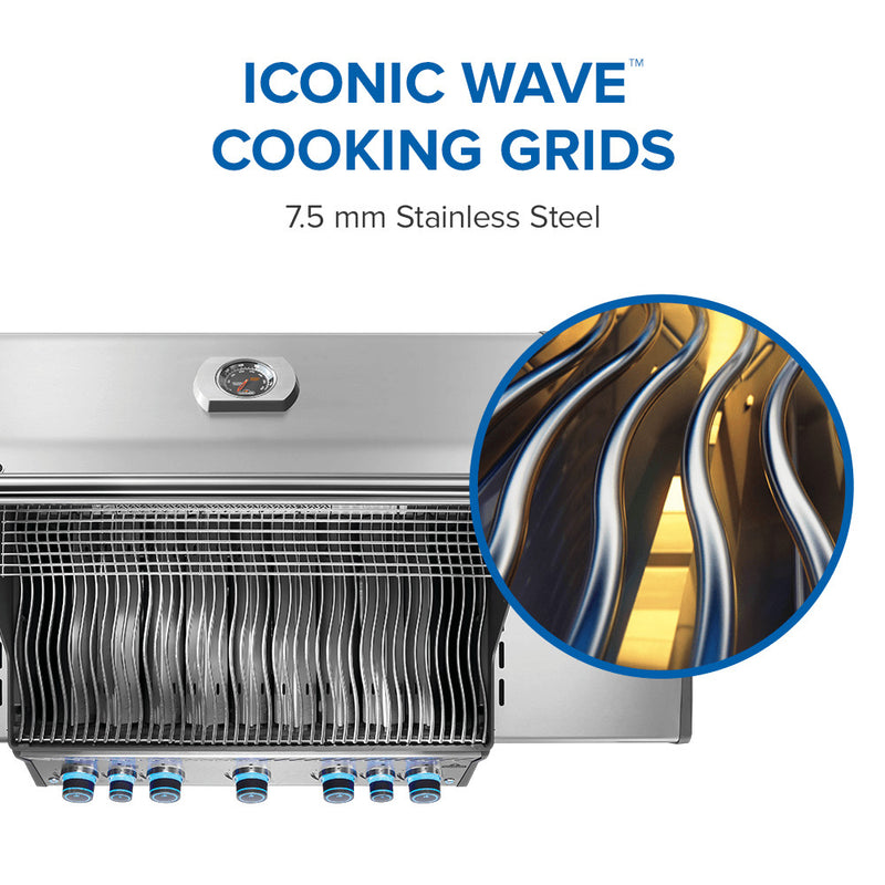 Stainless steel cooking grids with 'Iconic Wave' design and close-up detail on a white background.
