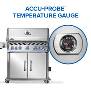 Stainless steel grill with Accu-Probe temperature gauge on a white background