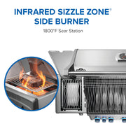 Stainless steel barbecue grill with infrared sizzle zone side burner and flame action inset.