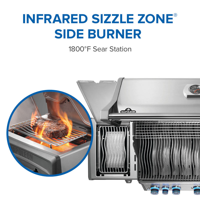 Stainless steel barbecue grill with infrared sizzle zone side burner and flame action inset.