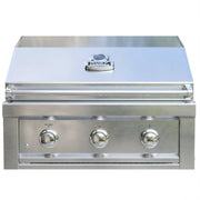 Stainless steel grill with three control knobs on a white background