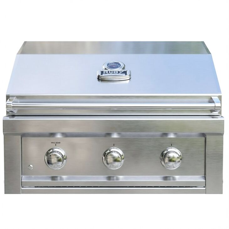 Stainless steel grill with three control knobs on a white background