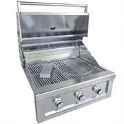 Stainless steel grill with three control knobs on a white background
