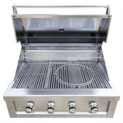 Stainless steel grill with multiple burners on a white background