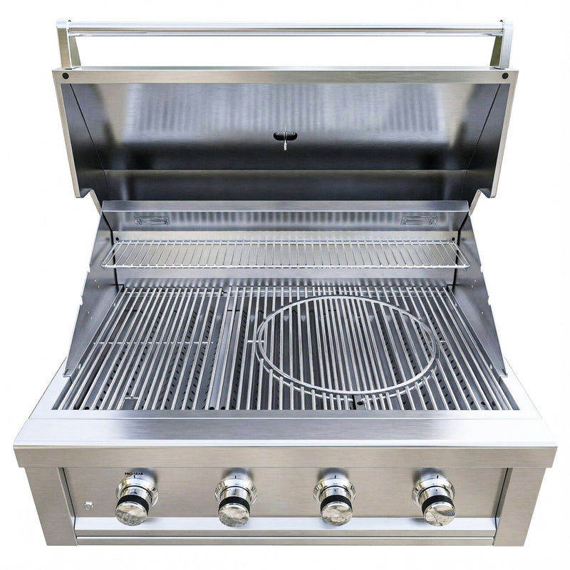 Stainless steel grill with multiple burners on a white background