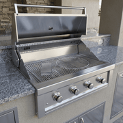 Stainless steel gas grill on a outdoor kitchen counter with stone wall background