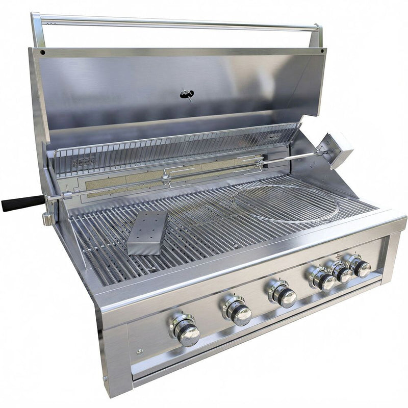 Stainless steel barbecue grill with multiple burners on a white background