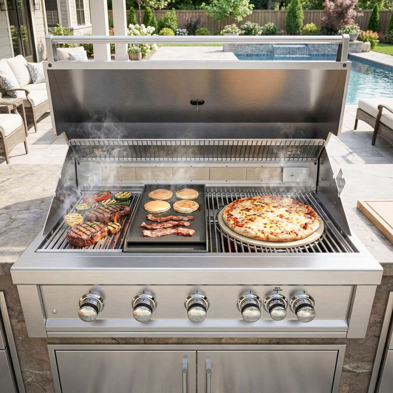 Stainless steel outdoor grill with food cooking on a patio