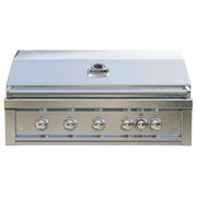 Stainless steel grill with control knobs on a white background