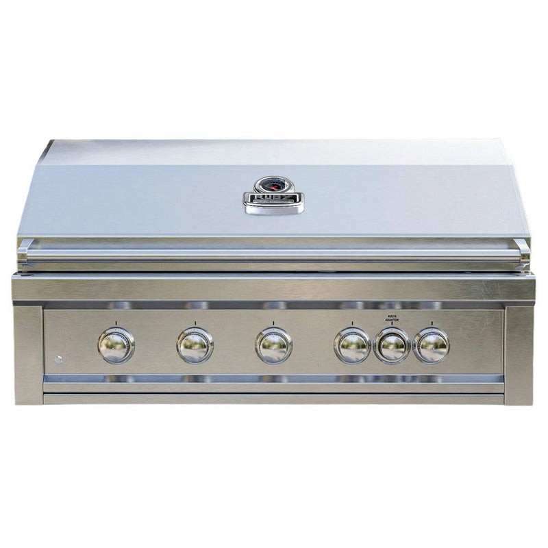 Stainless steel grill with control knobs on a white background