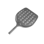Gray grill spatula with a textured surface on a white background