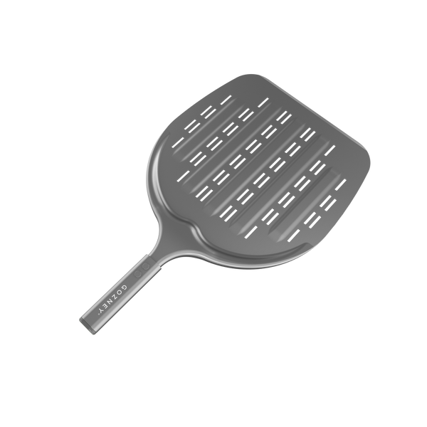 Gray grill spatula with a textured surface on a white background