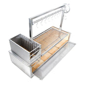 Metal grill with wooden grate on a white background