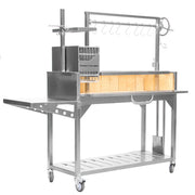 Stainless steel kitchen cart with wooden drawers and hanging hooks on a white background
