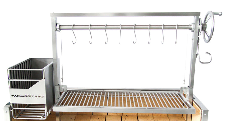 Stainless steel barbecue grill with hooks and a basket on a white background