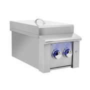 Stainless steel outdoor grill with two knobs on a white background