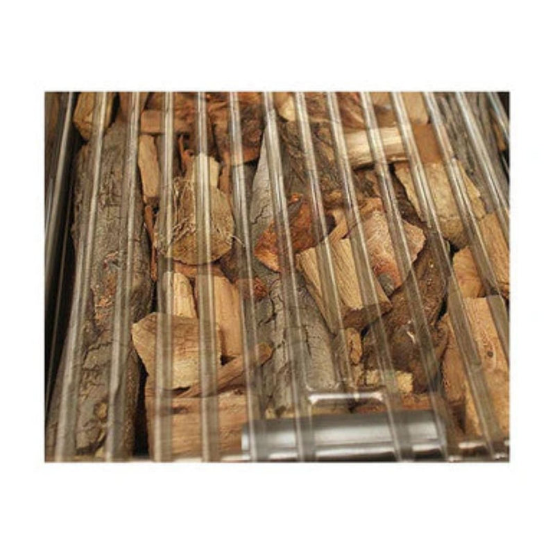 A collection of wooden logs piled on top of each other, likely to be used as solid fuel for grilling.