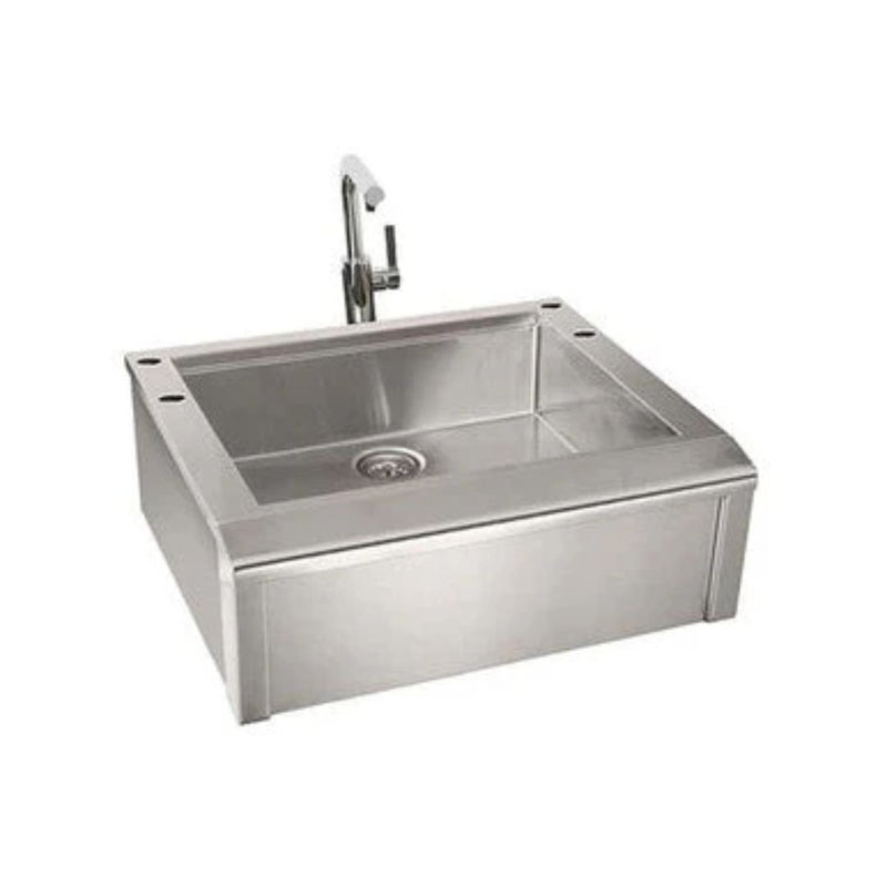 A 30-inch stainless steel Alfresco outdoor rated Versa Basic Apron Sink with a single faucet and a pot rack.