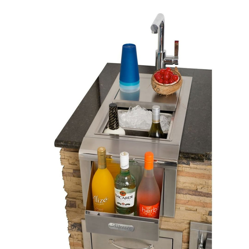 Stainless steel outdoor sink with ice bin and bottle storage drawer