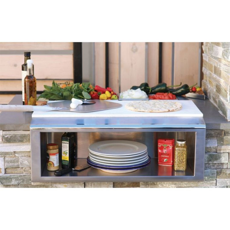 Stainless steel outdoor prep station with countertop and storage shelf