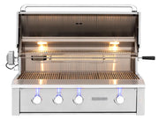 Stainless steel grill with glowing burners on a white background