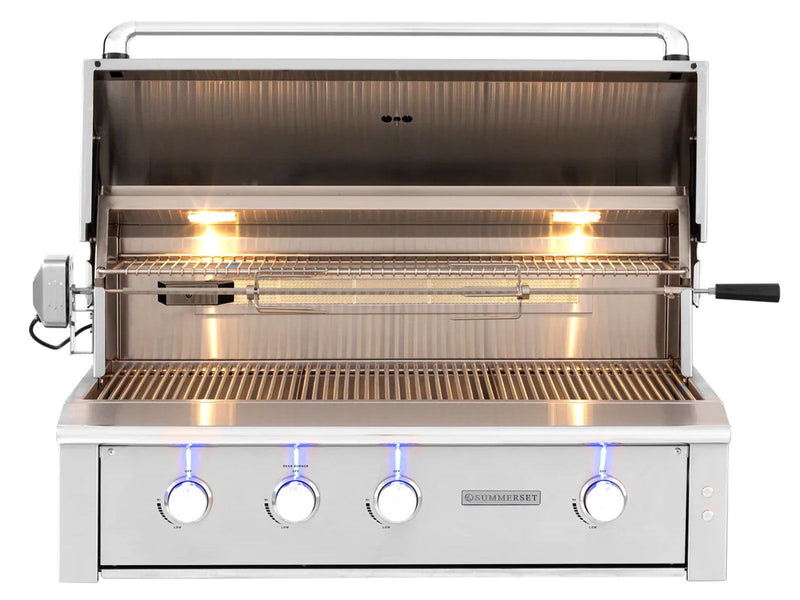 Stainless steel grill with glowing burners on a white background