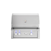 Stainless steel grill with three control knobs on a white background