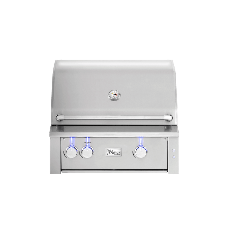 Stainless steel grill with three control knobs on a white background