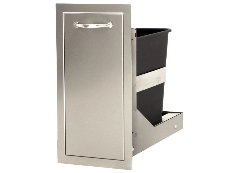 Stainless steel outdoor trash can with a pull-out black liner on a white background