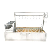 Stainless steel grill with cooking grid and hanging hooks on a white background