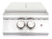 White portable grill with two control knobs on a white background
